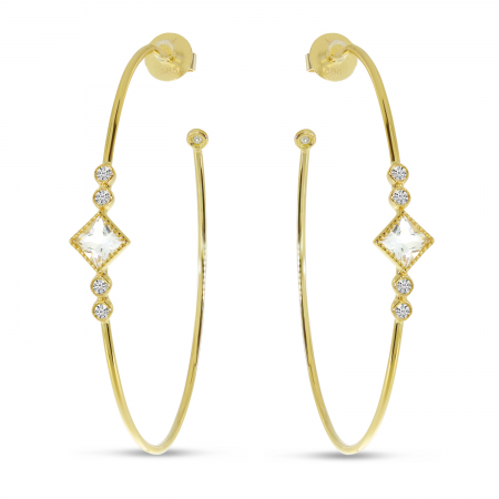 14K Yellow Gold Princess White Topaz Large Wire Hoop Earrings