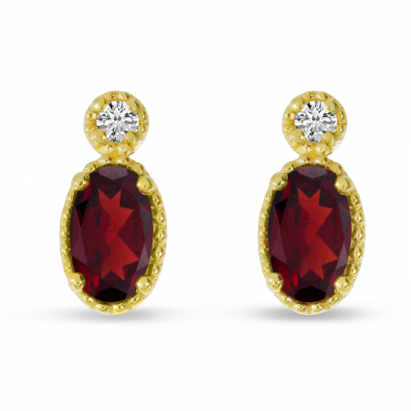 14K Yellow Gold Oval Garnet Millgrain Birthstone Earrings