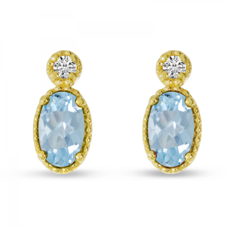 14K Yellow Gold Oval Aquamarine Millgrain Birthstone Earrings