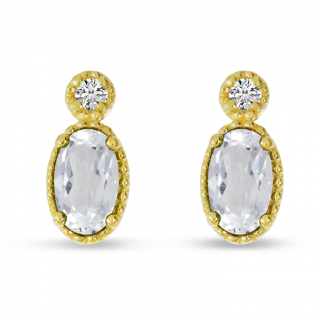 14K Yellow Gold Oval White Topaz Millgrain Birthstone Earrings