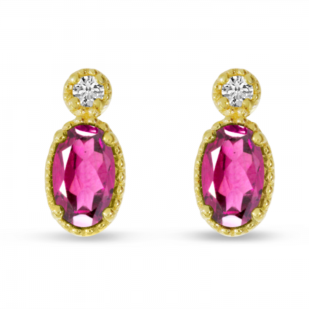 14K Yellow Gold Oval Pink Tourmaline Millgrain Birthstone Earrings