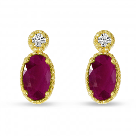 14K Yellow Gold Oval Ruby Millgrain Birthstone Earrings