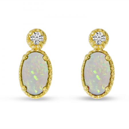 14K Yellow Gold Oval Opal Millgrain Birthstone Earrings