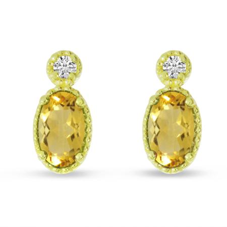 14K Yellow Gold Oval Citrine Millgrain Birthstone Earrings