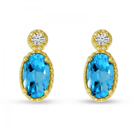 14K Yellow Gold Oval Blue Topaz Millgrain Birthstone Earrings