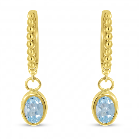 14K Yellow Gold Oval Aquamarine Dangle Birthstone Textured Huggie Earrings