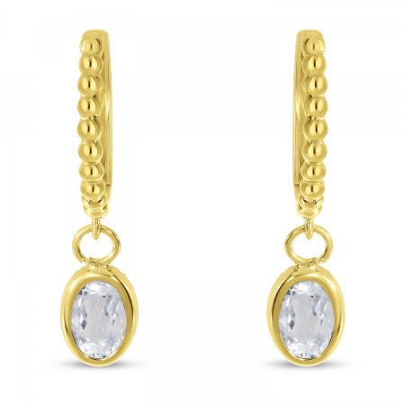 14K Yellow Gold Oval White Topaz Dangle Birthstone Textured Huggie Earrings