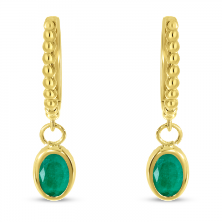 14K Yellow Gold Oval Emerald Dangle Birthstone Textured Huggie Earrings