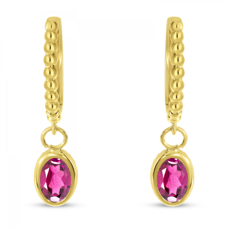 14K Yellow Gold Oval Pink Tourmaline Dangle Birthstone Textured Huggie Earrings