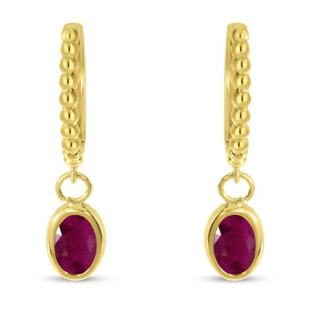 14K Yellow Gold Oval Ruby Dangle Birthstone Textured Huggie Earrings