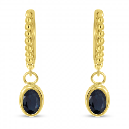 14K Yellow Gold Oval Sapphire Dangle Birthstone Textured Huggie Earrings