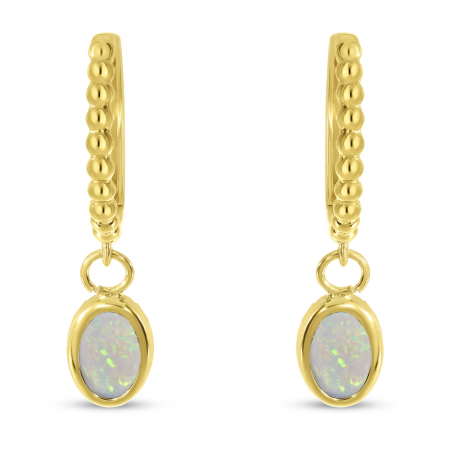 14K Yellow Gold Oval Opal Dangle Birthstone Textured Huggie Earrings