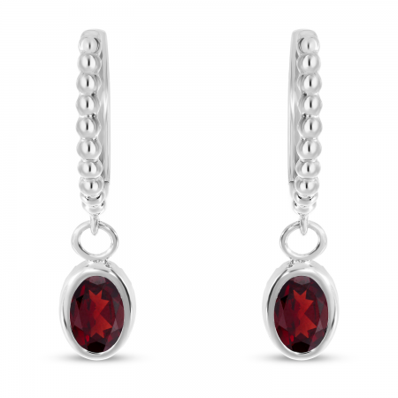 14K White Gold Oval Garnet Dangle Textured Huggie Earrings