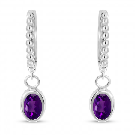 14K White Gold Oval Amethyst Dangle Textured Huggie Earrings