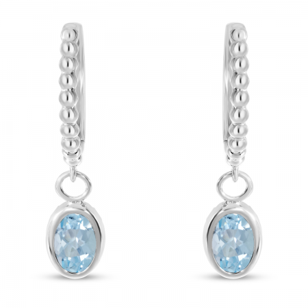 14K White Gold Oval Aquamarine Dangle Textured Huggie Earrings