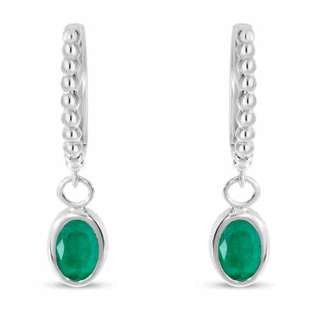 14K White Gold Oval Emerald Dangle Textured Huggie Earrings