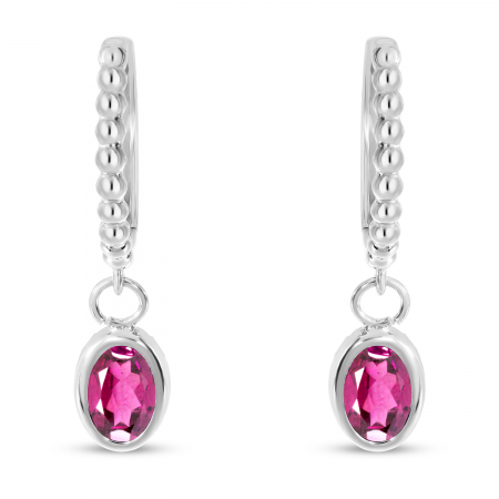 14K White Gold Oval Pink Tourmaline Dangle Textured Huggie Earrings