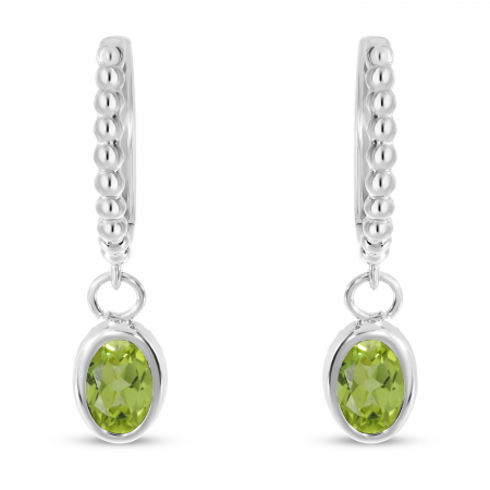 14K White Gold Oval Peridot Dangle Textured Huggie Earrings