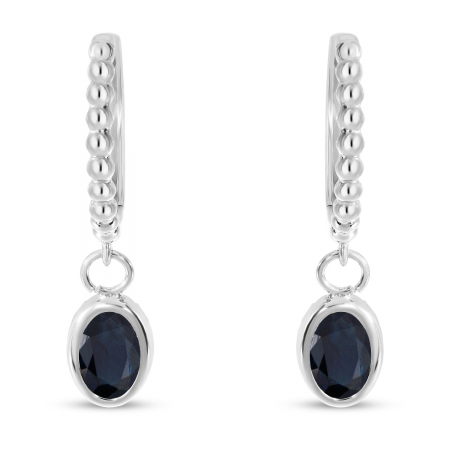 14K White Gold Oval Sapphire Dangle Textured Huggie Earrings