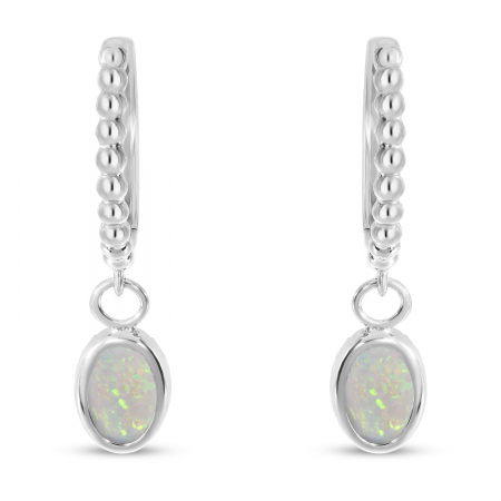 14K White Gold Oval Opal Dangle Textured Huggie Earrings