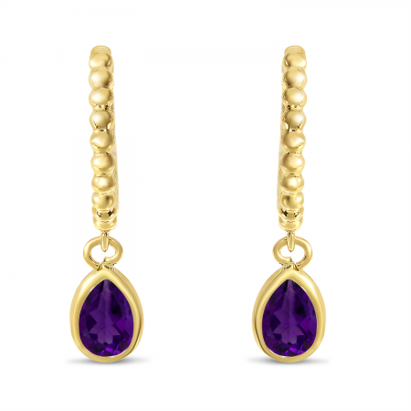 14K Yellow Gold Pear Amethyst Dangle Birthstone Textured Huggie Earrings