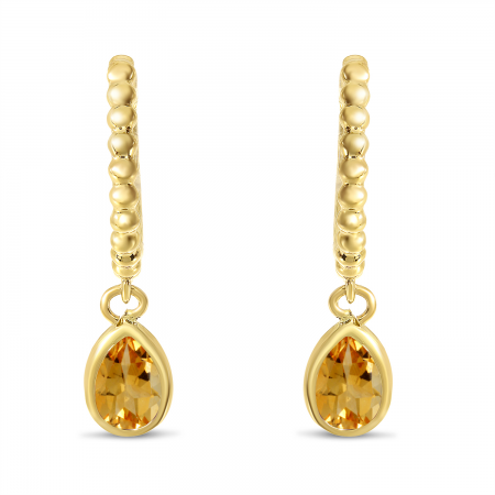 14K Yellow Gold Pear Citrine Dangle Birthstone Textured Huggie Earrings
