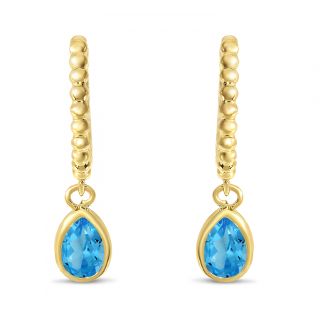 14K Yellow Gold Pear Blue Topaz Dangle Birthstone Textured Huggie Earrings