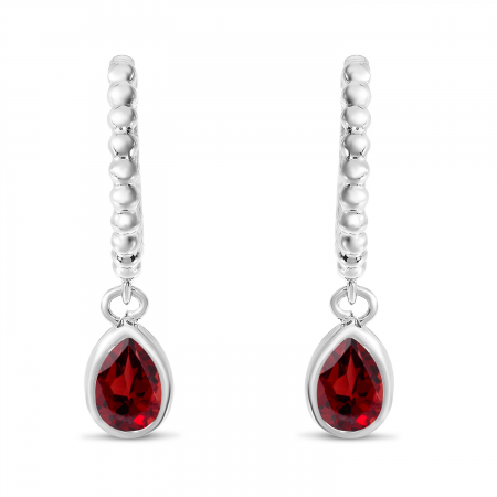 14K White Gold Pear Garnet Dangle Birthstone Textured Huggie Earrings