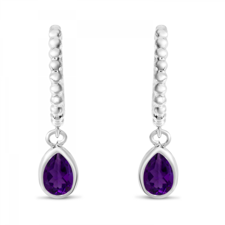 14K White Gold Pear Amethyst Dangle Birthstone Textured Huggie Earrings