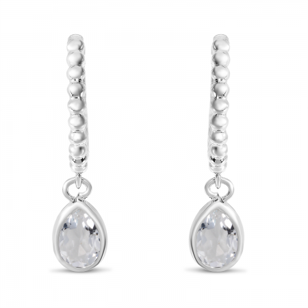 14K White Gold Pear White Topaz Dangle Birthstone Textured Huggie Earrings