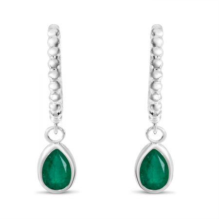 14K White Gold Pear Emerald Dangle Birthstone Textured Huggie Earrings