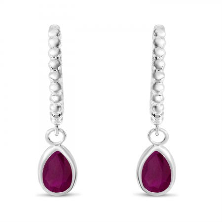 14K White Gold Pear Ruby Dangle Birthstone Textured Huggie Earrings