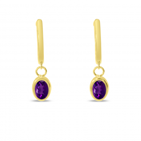 14K Yellow Gold Oval Amethyst Dangle Birthstone Huggie Earrings