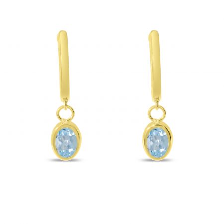 14K Yellow Gold Oval Aquamarine Dangle Birthstone Huggie Earrings