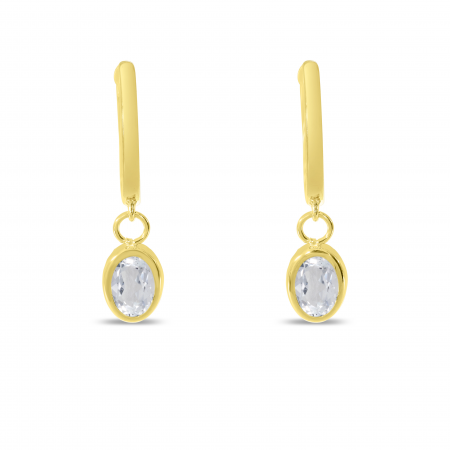 14K Yellow Gold Oval White Topaz Dangle Birthstone Huggie Earrings