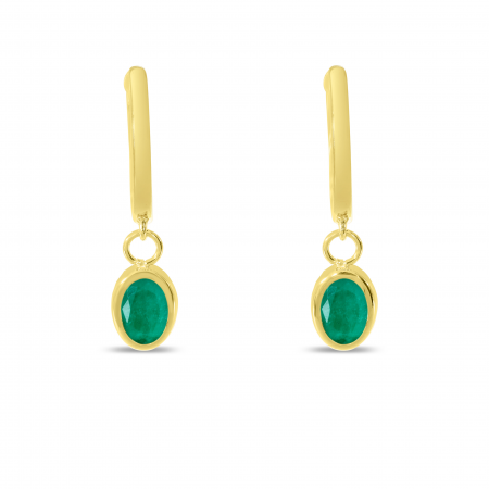 14K Yellow Gold Oval Emerald Dangle Birthstone Huggie Earrings