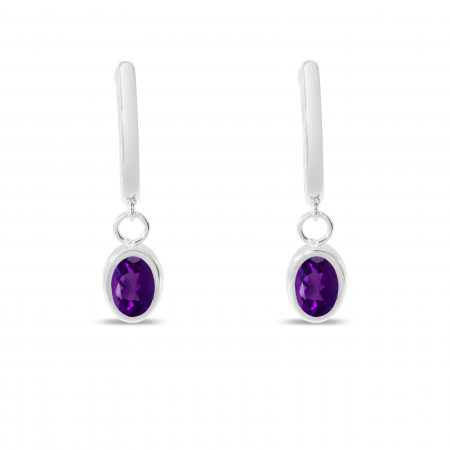 14K White Gold Oval Amethyst Dangle Birthstone Huggie Earrings