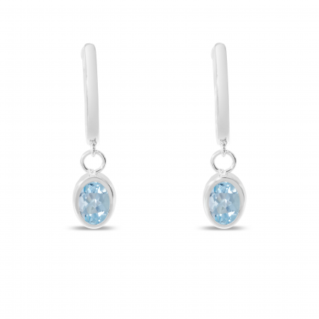 14K White Gold Oval Aquamarine Dangle Birthstone Huggie Earrings