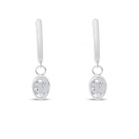 14K White Gold Oval White Topaz Dangle Birthstone Huggie Earrings