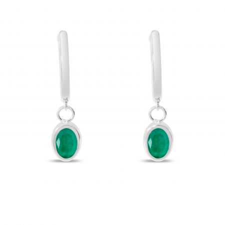 14K White Gold Oval Emerald Dangle Birthstone Huggie Earrings