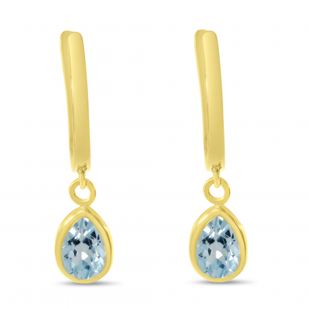 14K Yellow Gold Pear Aquamarine Dangle Birthstone Huggie Earrings