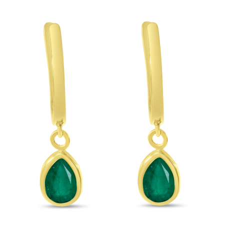 14K Yellow Gold Pear Emerald Dangle Birthstone Huggie Earrings