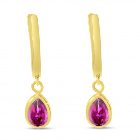 14K Yellow Gold Pear Pink Tourmaline Dangle Birthstone Huggie Earrings