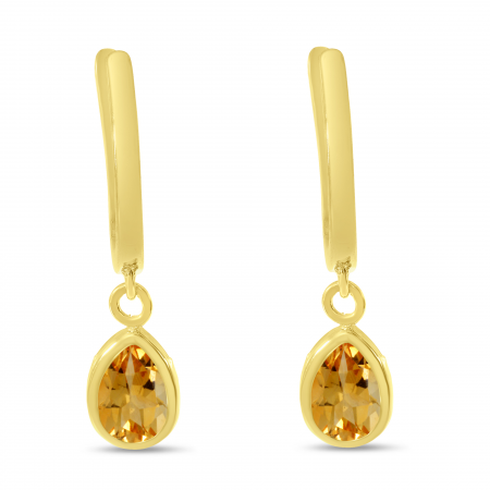 14K Yellow Gold Pear Citrine Dangle Birthstone Huggie Earrings
