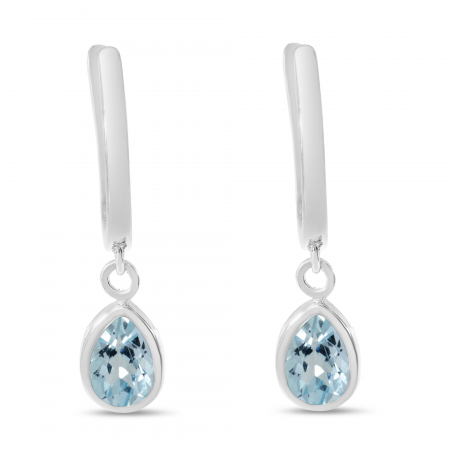 14K White Gold Pear Aquamarine Dangle Birthstone Huggie Earrings