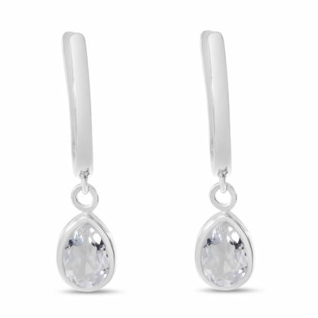 14K White Gold Pear White Topaz Dangle Birthstone Huggie Earrings