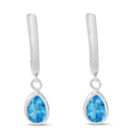 14K White Gold Pear Blue Topaz Dangle Birthstone Huggie Earrings