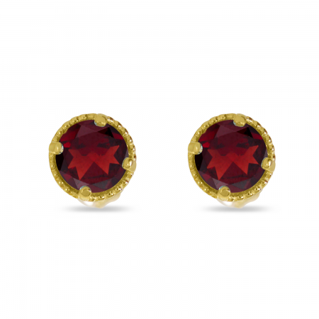 14K Yellow Gold 4mm Round Garnet Millgrain Halo Earrings