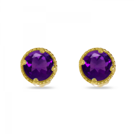 14K Yellow Gold 4mm Round Amethyst Millgrain Halo Earrings