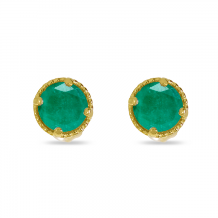 14K Yellow Gold 4mm Round Emerald Millgrain Halo Earrings